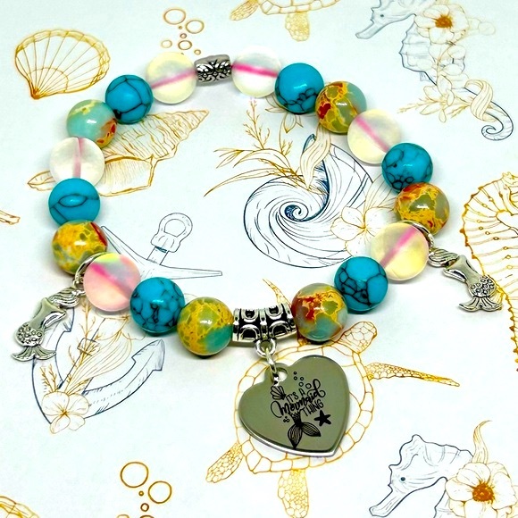 Handmade Mermaid Charm Bracelet with Aurora Crystals & Sea Sediment Stones! - Picture 3 of 7
